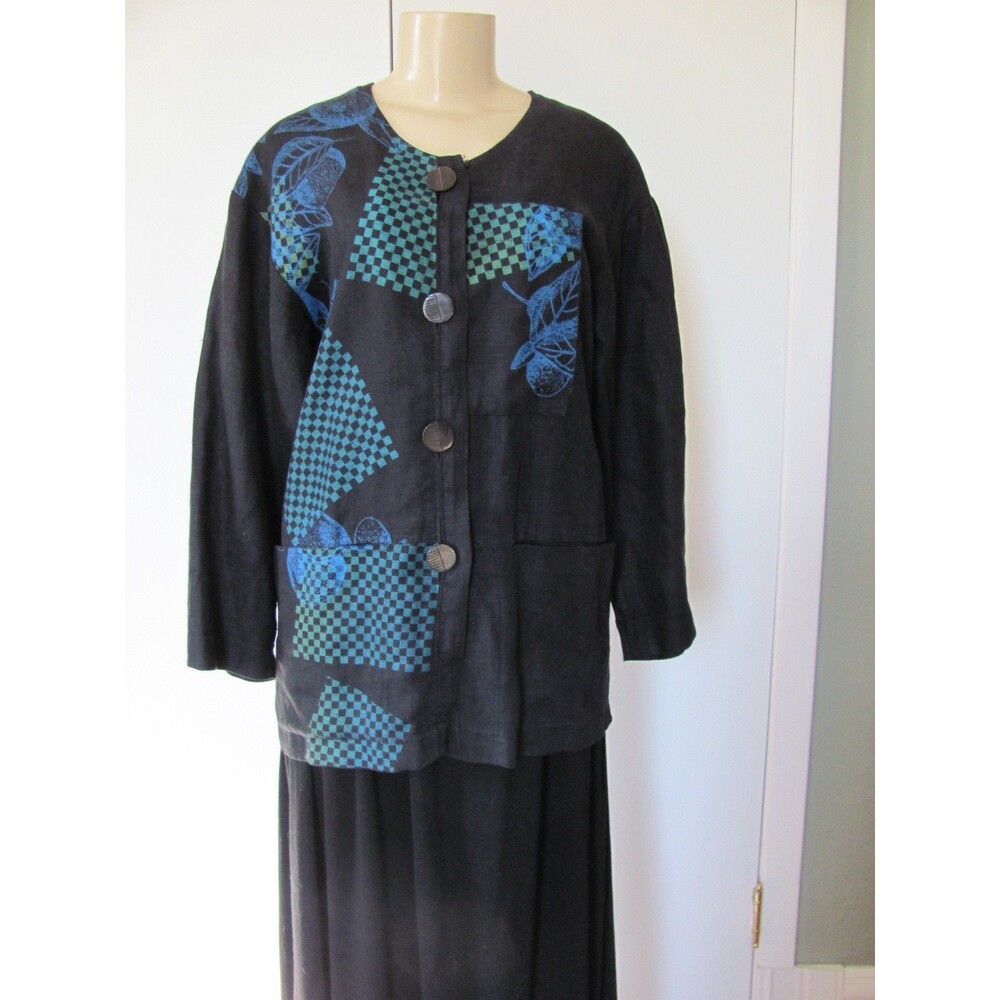 ART TO WEAR BEPPA BLACK LINEN PRINT JACKET LOTS OF POCKETS SIZE S/1